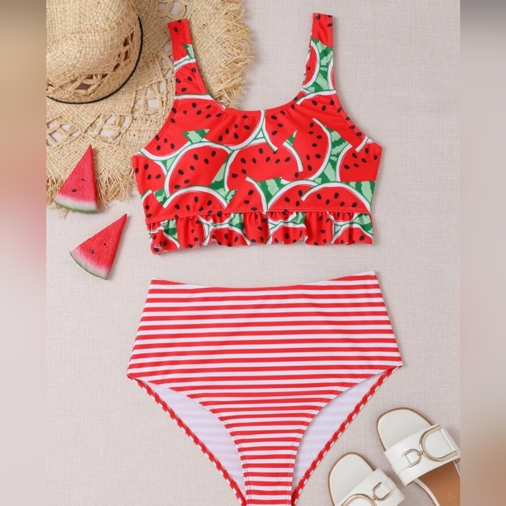Watermelon & Striped Print Bikini Set Ruffle Hem Wireless Bra & High Waisted